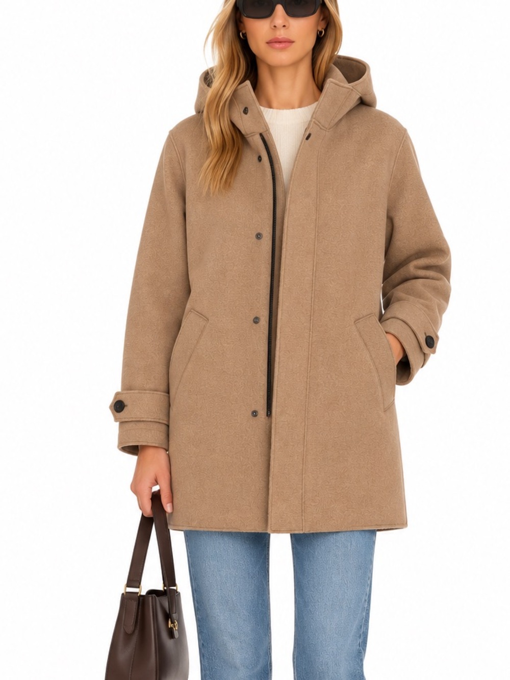 Harris Wharf London 100% Virgin Wool Hooded Coat Camel Beige Size 48